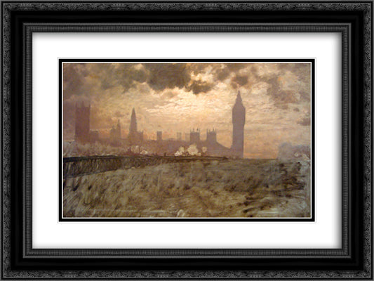 Westminster Bridge 24x18 Black Ornate Wood Framed Art Print Poster with Double Matting by Nittis, Giuseppe de