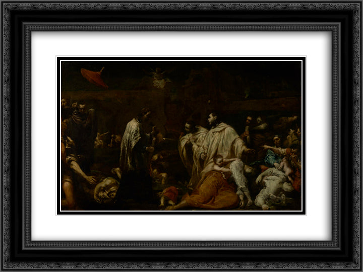 Bernard Tolomei and the Plague in Siena 24x18 Black Ornate Wood Framed Art Print Poster with Double Matting by Crespi, Giuseppe Maria