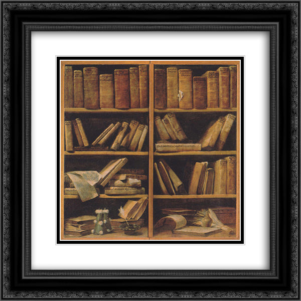 Book shelf with music writings 20x20 Black Ornate Wood Framed Art Print Poster with Double Matting by Crespi, Giuseppe Maria