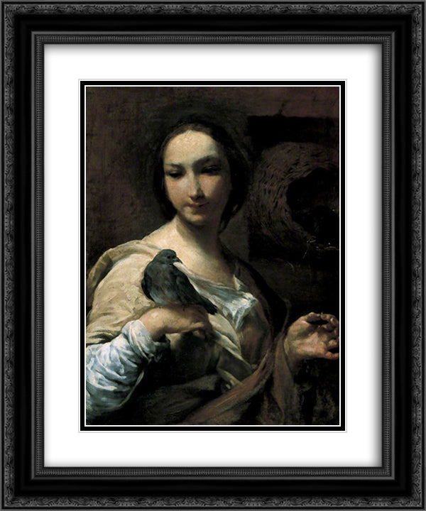 Girl Holding a Dove 20x24 Black Ornate Wood Framed Art Print Poster with Double Matting by Crespi, Giuseppe Maria