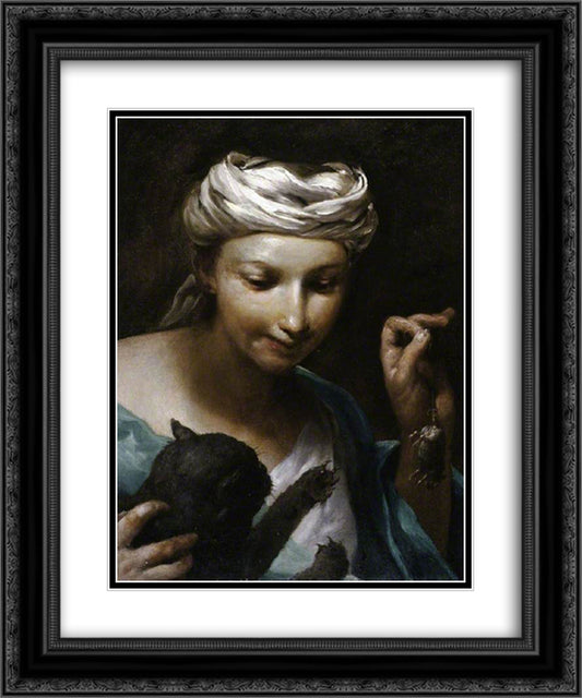 Girl with a Cat 20x24 Black Ornate Wood Framed Art Print Poster with Double Matting by Crespi, Giuseppe Maria