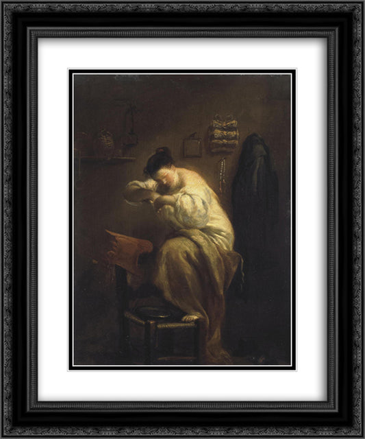 Woman Looking for Fleas 20x24 Black Ornate Wood Framed Art Print Poster with Double Matting by Crespi, Giuseppe Maria