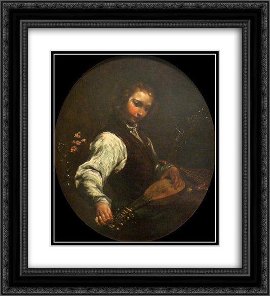 Woman with Pandurina 20x22 Black Ornate Wood Framed Art Print Poster with Double Matting by Crespi, Giuseppe Maria