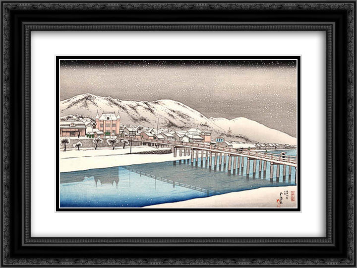 Sanjo Bridge, Kyoto 24x18 Black Ornate Wood Framed Art Print Poster with Double Matting by Hashiguchi, Goyo