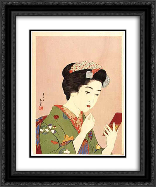 Woman Holding Lipstick 20x24 Black Ornate Wood Framed Art Print Poster with Double Matting by Hashiguchi, Goyo