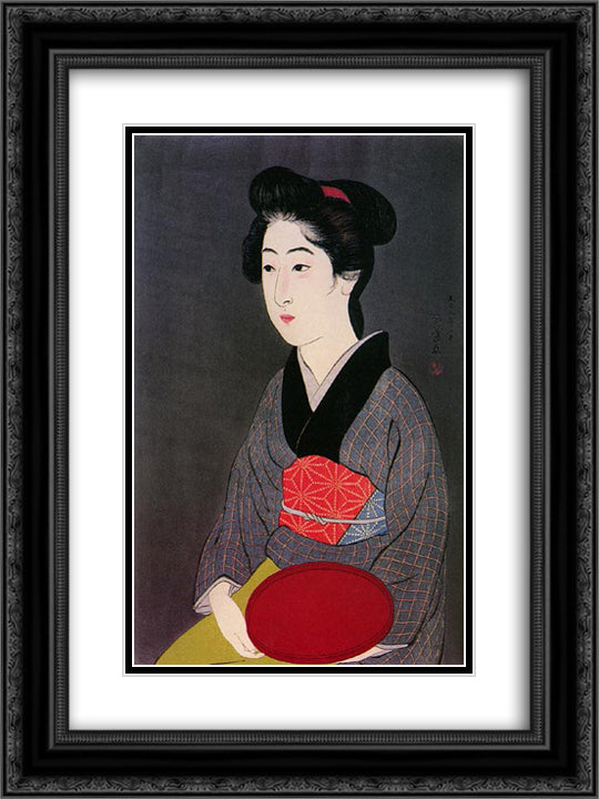 Woman Holding Tray 18x24 Black Ornate Wood Framed Art Print Poster with Double Matting by Hashiguchi, Goyo