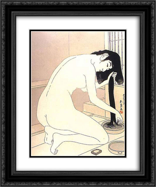 Woman Washing Her Hair 20x24 Black Ornate Wood Framed Art Print Poster with Double Matting by Hashiguchi, Goyo