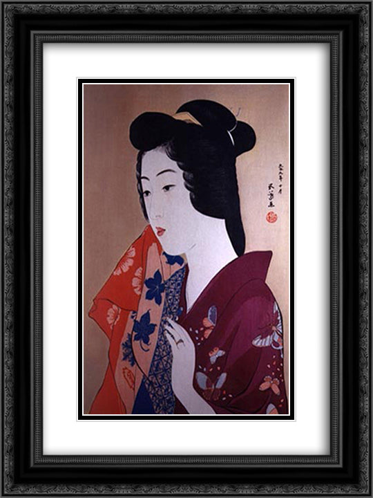 Woman With a Hand Towel 18x24 Black Ornate Wood Framed Art Print Poster with Double Matting by Hashiguchi, Goyo