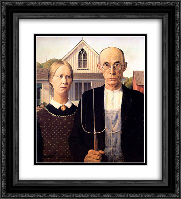 American Gothic 20x22 Black Ornate Wood Framed Art Print Poster with Double Matting by Wood, Grant