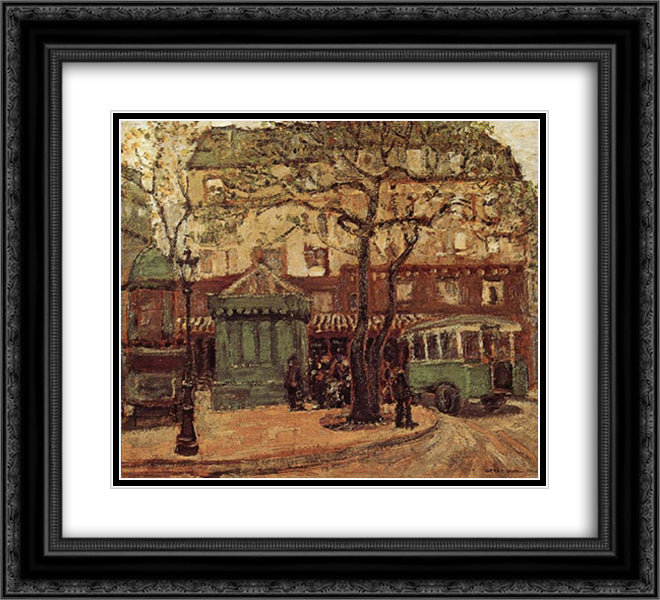 Greenish Bus in Street of Paris 22x20 Black Ornate Wood Framed Art Print Poster with Double Matting by Wood, Grant