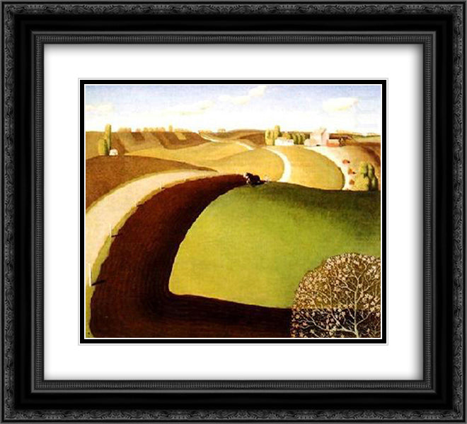 Spring Plowing 22x20 Black Ornate Wood Framed Art Print Poster with Double Matting by Wood, Grant