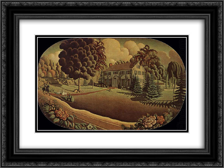 The Painting, on the fireplace 24x18 Black Ornate Wood Framed Art Print Poster with Double Matting by Wood, Grant