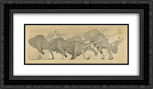 Untitled, from suite Savage Iowa (Buffalo Stampede) 24x14 Black Ornate Wood Framed Art Print Poster with Double Matting by Wood, Grant