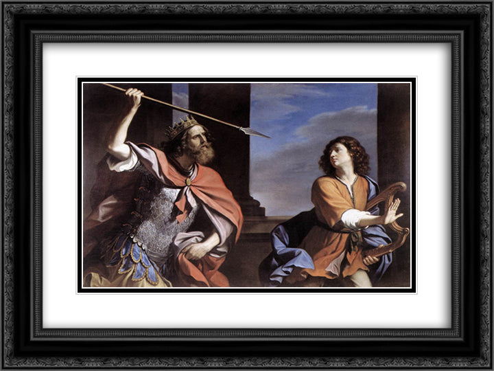 Saul Attacking David 24x18 Black Ornate Wood Framed Art Print Poster with Double Matting by Guercino