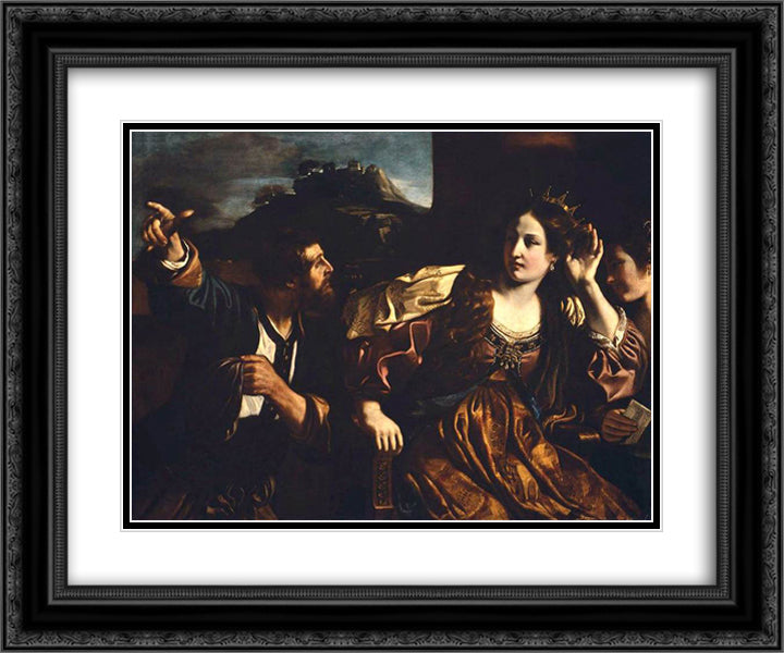 Semiramis Receiving Word of the Revolt of Babylon 24x20 Black Ornate Wood Framed Art Print Poster with Double Matting by Guercino