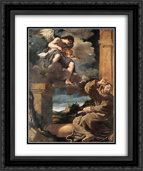 St Francis with an Angel Playing Violin 20x24 Black Ornate Wood Framed Art Print Poster with Double Matting by Guercino