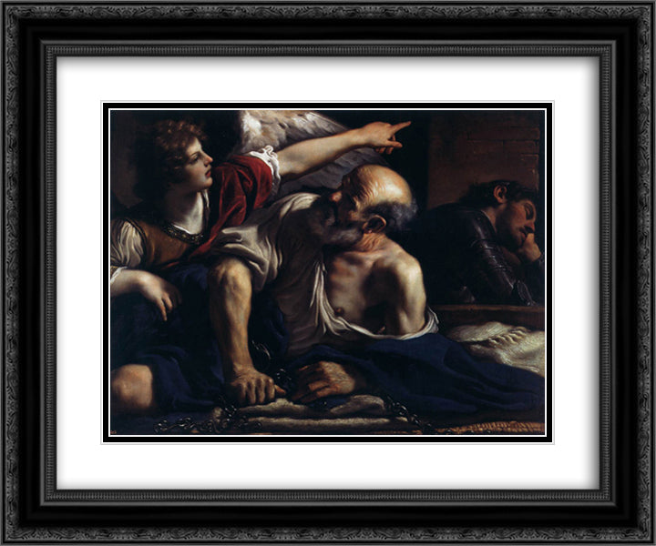 The Liberation of St Peter 24x20 Black Ornate Wood Framed Art Print Poster with Double Matting by Guercino