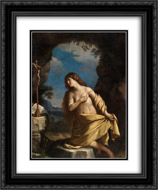 The Penitent Magdalen 20x24 Black Ornate Wood Framed Art Print Poster with Double Matting by Guercino