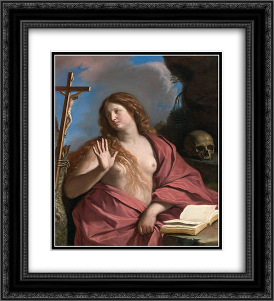 The Penitent Magdalene 20x22 Black Ornate Wood Framed Art Print Poster with Double Matting by Guercino