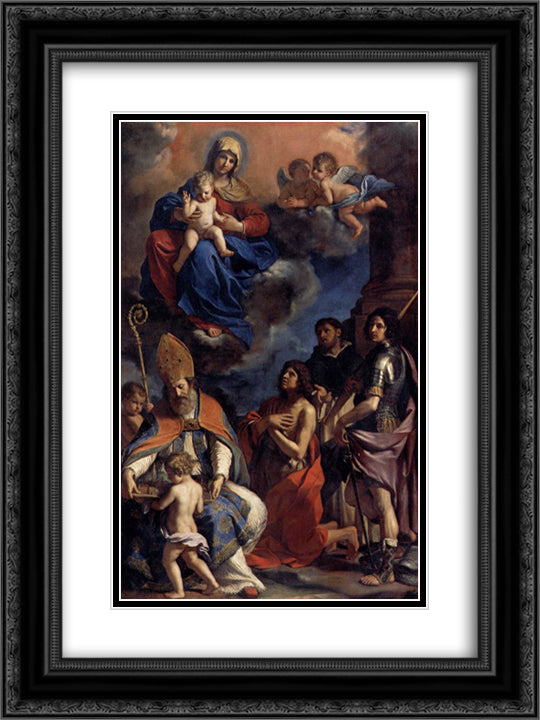 Virgin and Child with Four Saints 18x24 Black Ornate Wood Framed Art Print Poster with Double Matting by Guercino