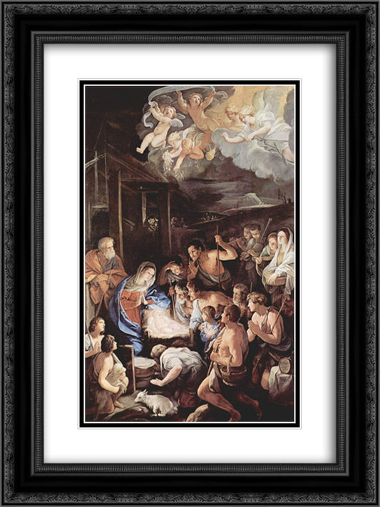 Adoration of the Shepherds 18x24 Black Ornate Wood Framed Art Print Poster with Double Matting by Reni, Guido