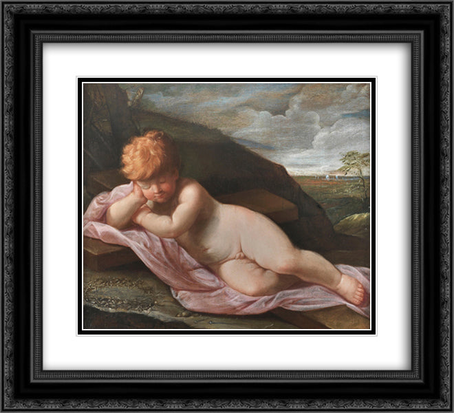 Baby Jesus asleep on the Cross 22x20 Black Ornate Wood Framed Art Print Poster with Double Matting by Reni, Guido