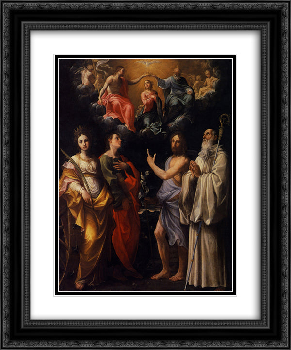 Coronation of the Virgin with St. Catherine of Alexandria, St. John the Evangelist, St. John the Baptist 20x24 Black Ornate Wood Framed Art Print Poster with Double Matting by Reni, Guido