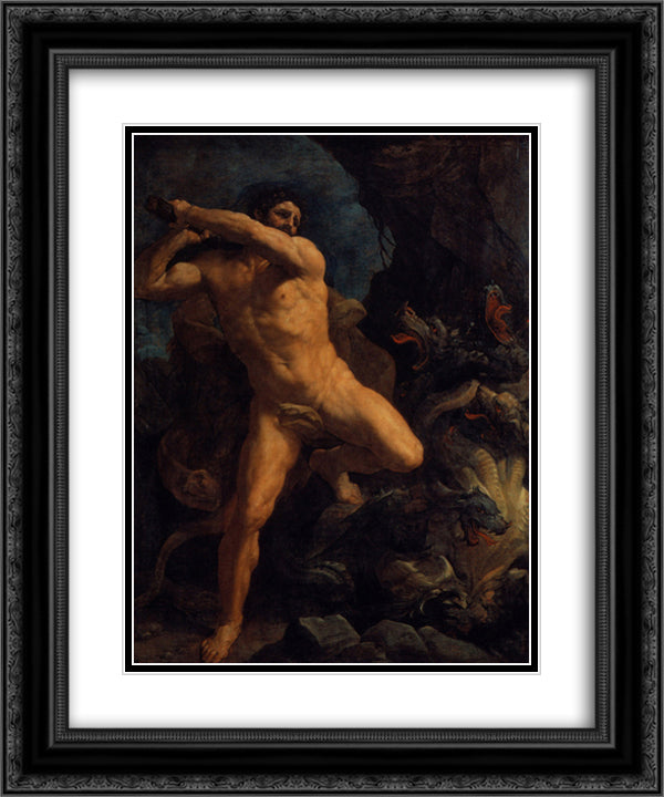 Hercules Vanquishing the Hydra of Lerma 20x24 Black Ornate Wood Framed Art Print Poster with Double Matting by Reni, Guido