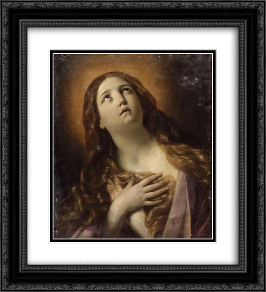 Mary Magdalene in ecstasy at the foot of the cross 20x22 Black Ornate Wood Framed Art Print Poster with Double Matting by Reni, Guido