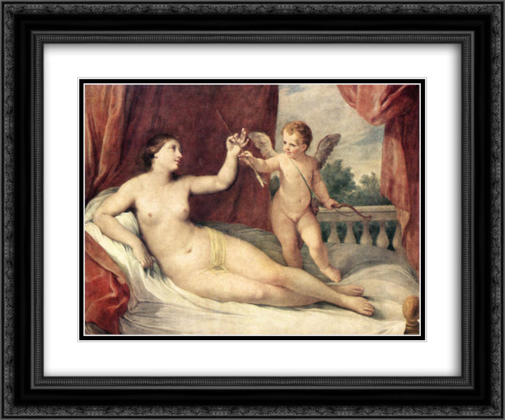 Reclining Venus with Cupid 24x20 Black Ornate Wood Framed Art Print Poster with Double Matting by Reni, Guido