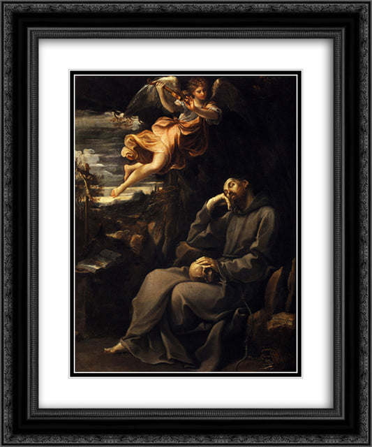 Saint Francis deadened with an angel musician 20x24 Black Ornate Wood Framed Art Print Poster with Double Matting by Reni, Guido