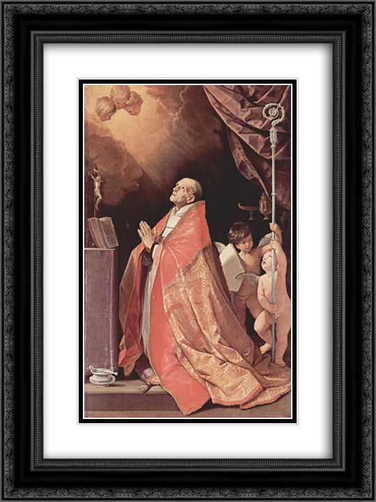 St. Andrew Corsini in prayer 18x24 Black Ornate Wood Framed Art Print Poster with Double Matting by Reni, Guido