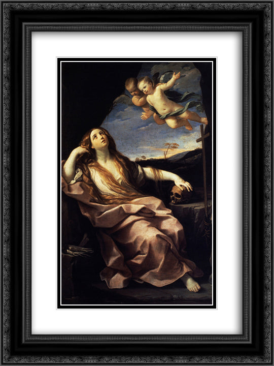 St. Mary Magdalene 18x24 Black Ornate Wood Framed Art Print Poster with Double Matting by Reni, Guido