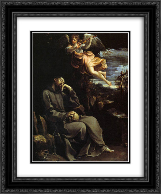 St Francis Consoled by Angelic Music 20x24 Black Ornate Wood Framed Art Print Poster with Double Matting by Reni, Guido