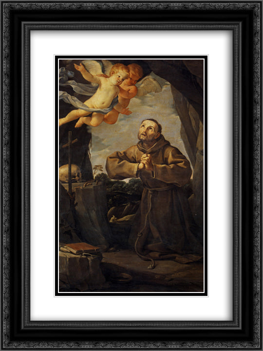 St Francis in prayer with Two Angels 18x24 Black Ornate Wood Framed Art Print Poster with Double Matting by Reni, Guido