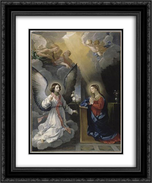 The Annunciation 20x24 Black Ornate Wood Framed Art Print Poster with Double Matting by Reni, Guido