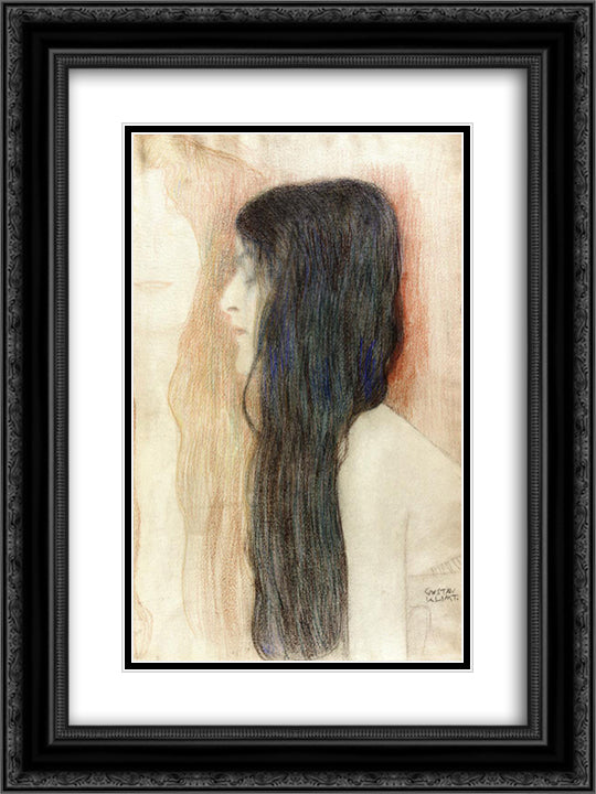 Girl with Long Hair, with a sketch for 'Nude Veritas' 18x24 Black Ornate Wood Framed Art Print Poster with Double Matting by Klimt, Gustav