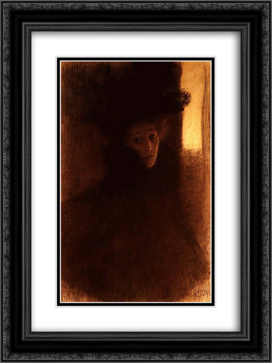 Lady with Cape and Hat 18x24 Black Ornate Wood Framed Art Print Poster with Double Matting by Klimt, Gustav