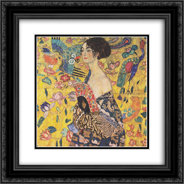 Lady with Fan 20x20 Black Ornate Wood Framed Art Print Poster with Double Matting by Klimt, Gustav