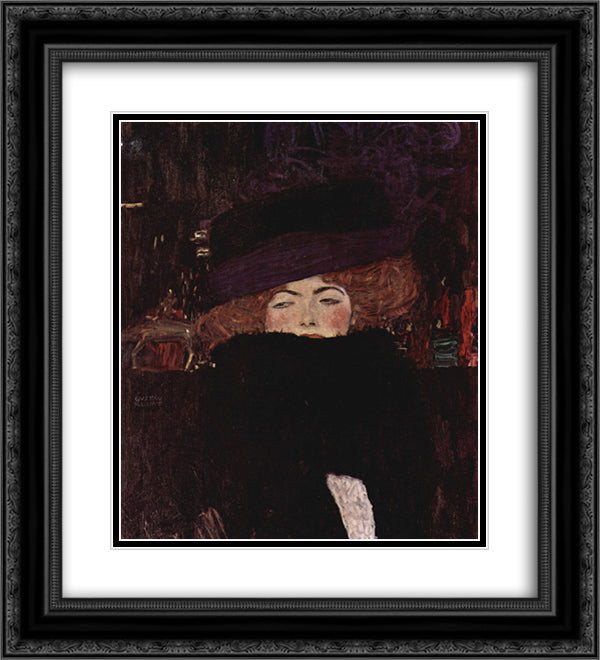 Lady with Hat and Featherboa 20x22 Black Ornate Wood Framed Art Print Poster with Double Matting by Klimt, Gustav