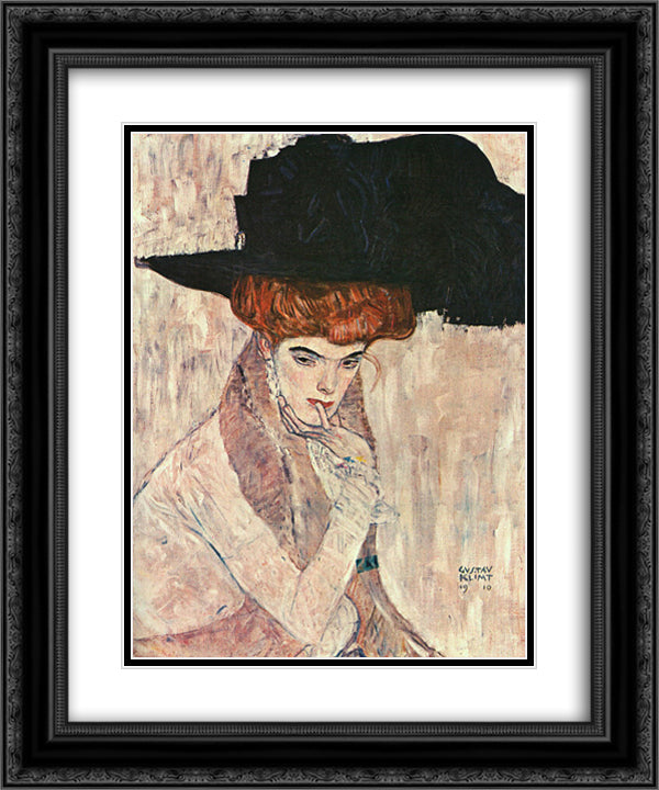 The Black Feather Hat 20x24 Black Ornate Wood Framed Art Print Poster with Double Matting by Klimt, Gustav