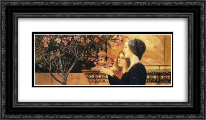 Two Girls With An Oleander 24x14 Black Ornate Wood Framed Art Print Poster with Double Matting by Klimt, Gustav