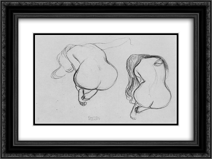 Two Studies of Sitting Nudes 24x18 Black Ornate Wood Framed Art Print Poster with Double Matting by Klimt, Gustav