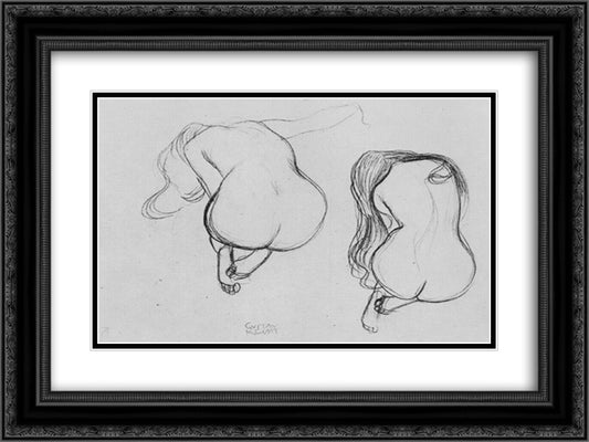 Two Studies of Sitting Nudes 24x18 Black Ornate Wood Framed Art Print Poster with Double Matting by Klimt, Gustav