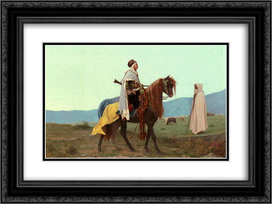 An Arab Horseman 24x18 Black Ornate Wood Framed Art Print Poster with Double Matting by Boulanger, Gustave