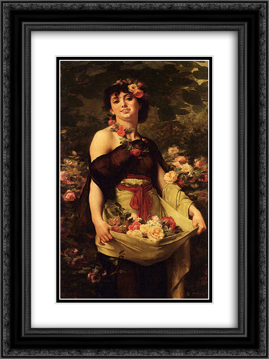 The Flower Girl 18x24 Black Ornate Wood Framed Art Print Poster with Double Matting by Boulanger, Gustave