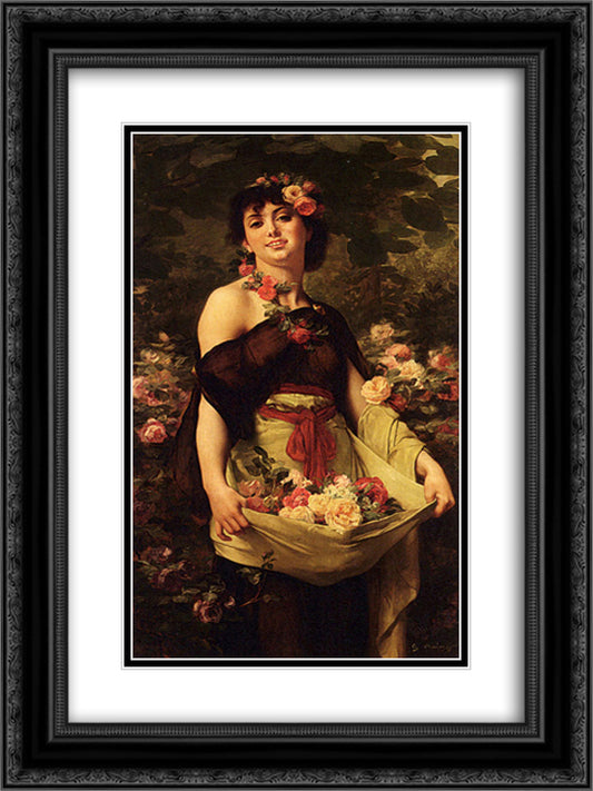 The Flower Girl 18x24 Black Ornate Wood Framed Art Print Poster with Double Matting by Boulanger, Gustave