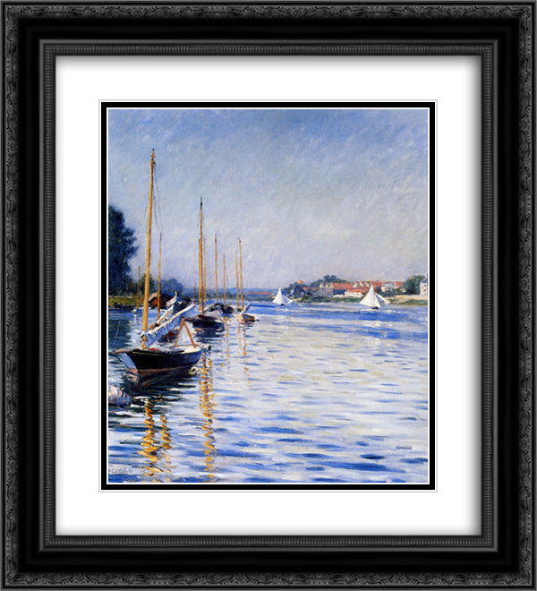 Boats on the Seine 20x22 Black Ornate Wood Framed Art Print Poster with Double Matting by Caillebotte, Gustave