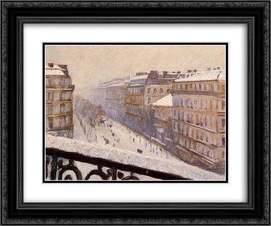 Boulevard Haussmann in the Snow 24x20 Black Ornate Wood Framed Art Print Poster with Double Matting by Caillebotte, Gustave