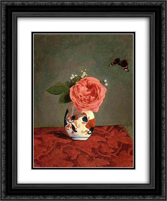 Garden Rose and Blue Forget Me Nots in a Vase 20x24 Black Ornate Wood Framed Art Print Poster with Double Matting by Caillebotte, Gustave